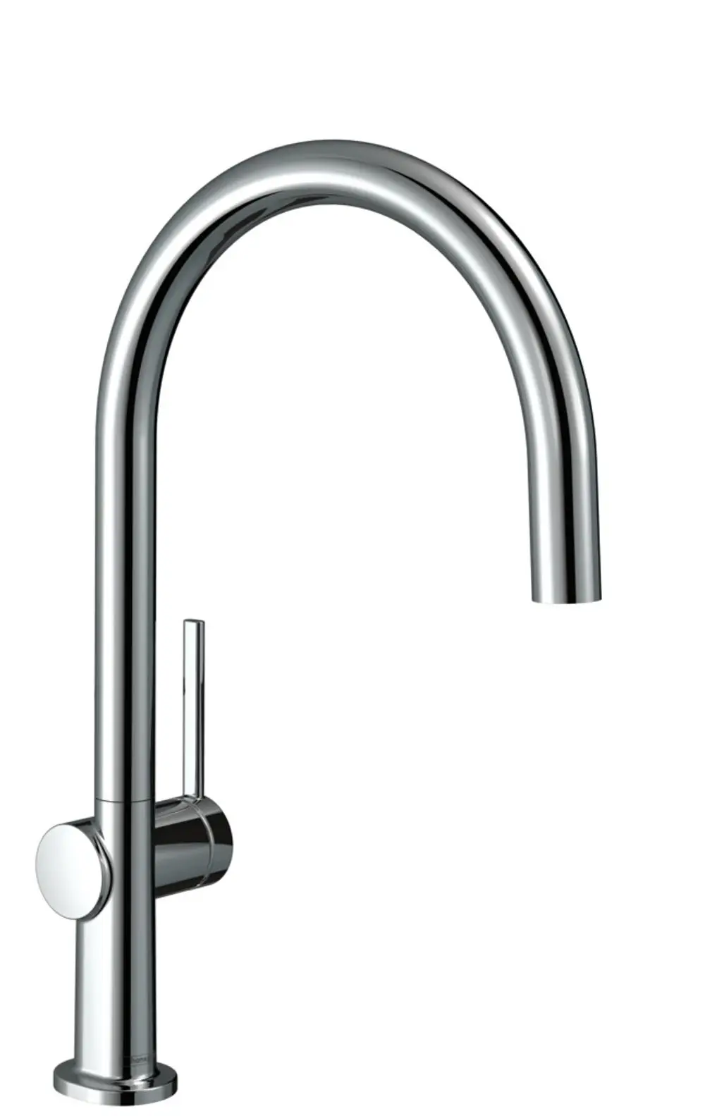 Küchenmischer aus verchromtem Material mit einem hohen, gebogenen Auslauf und einem Hebel zur Steuerung des Wasserflusses. Produkt von Hansgrohe.